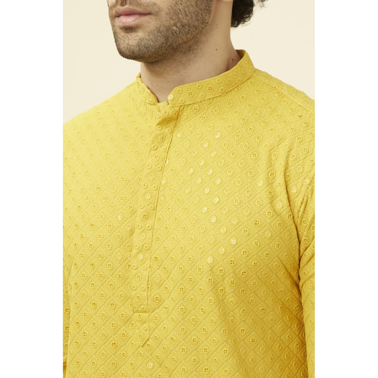 Manyavar Men's Blended Cotton Embroidered Full Sleeves Casual,Traditional Kurta & Payjama Set (Mustard, L)