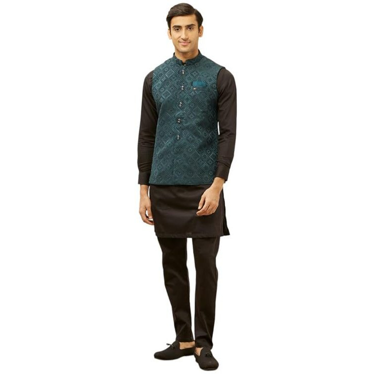 Manyavar Mens Blue Brocade Self Design Jacket