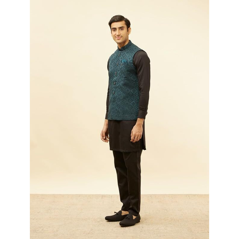 Manyavar Mens Blue Brocade Self Design Jacket
