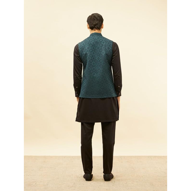 Manyavar Mens Blue Brocade Self Design Jacket