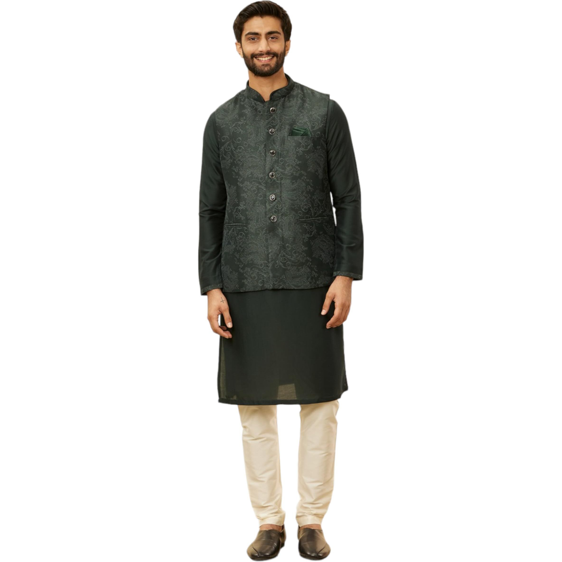 Manyavar Mens Green Blended Rayon Self Design Kurta Pyjama Jacket Set