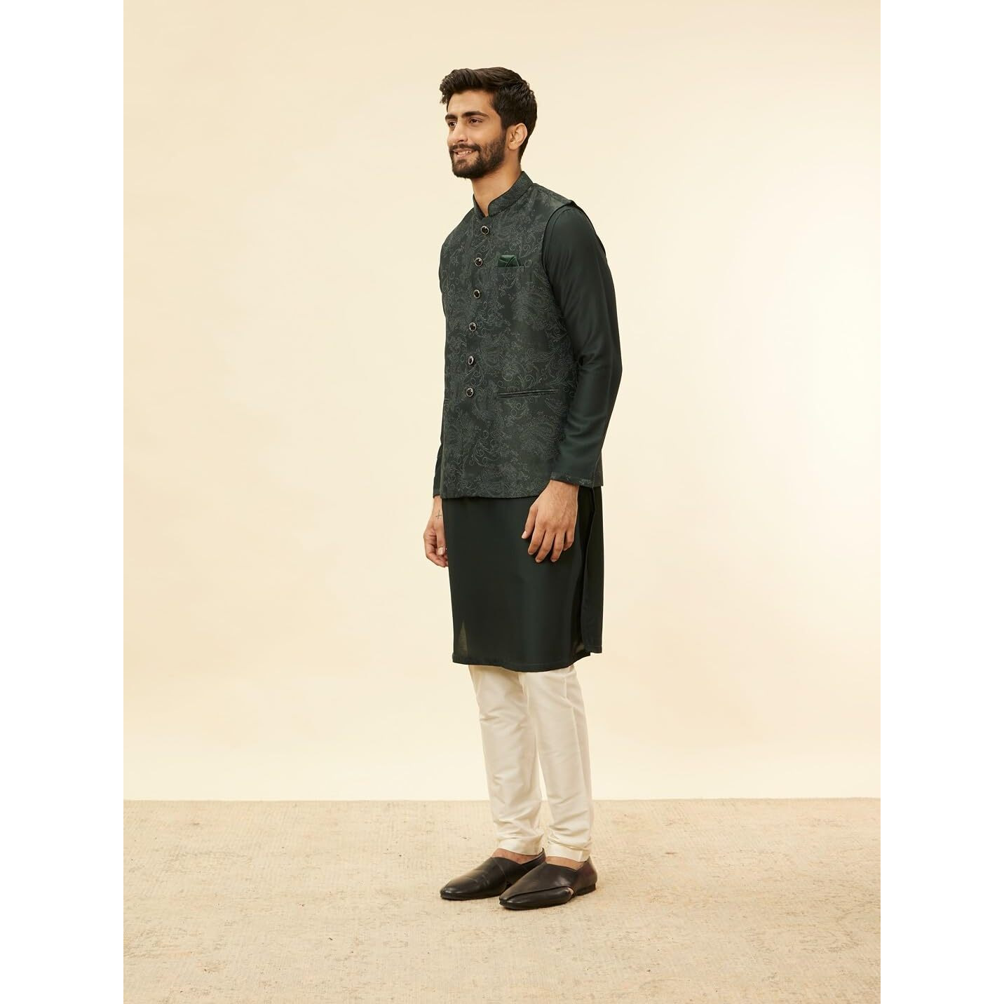 Manyavar Mens Green Blended Rayon Self Design Kurta Pyjama Jacket Set