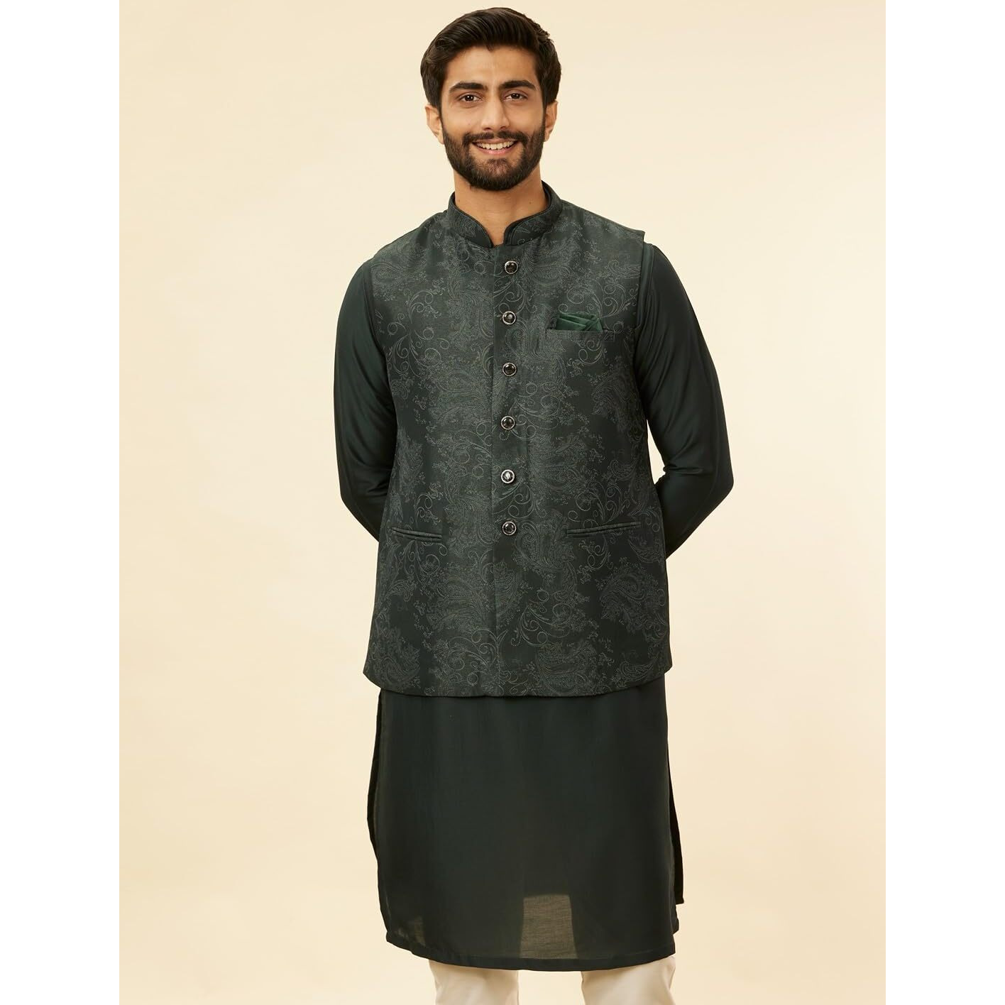 Manyavar Mens Green Blended Rayon Self Design Kurta Pyjama Jacket Set