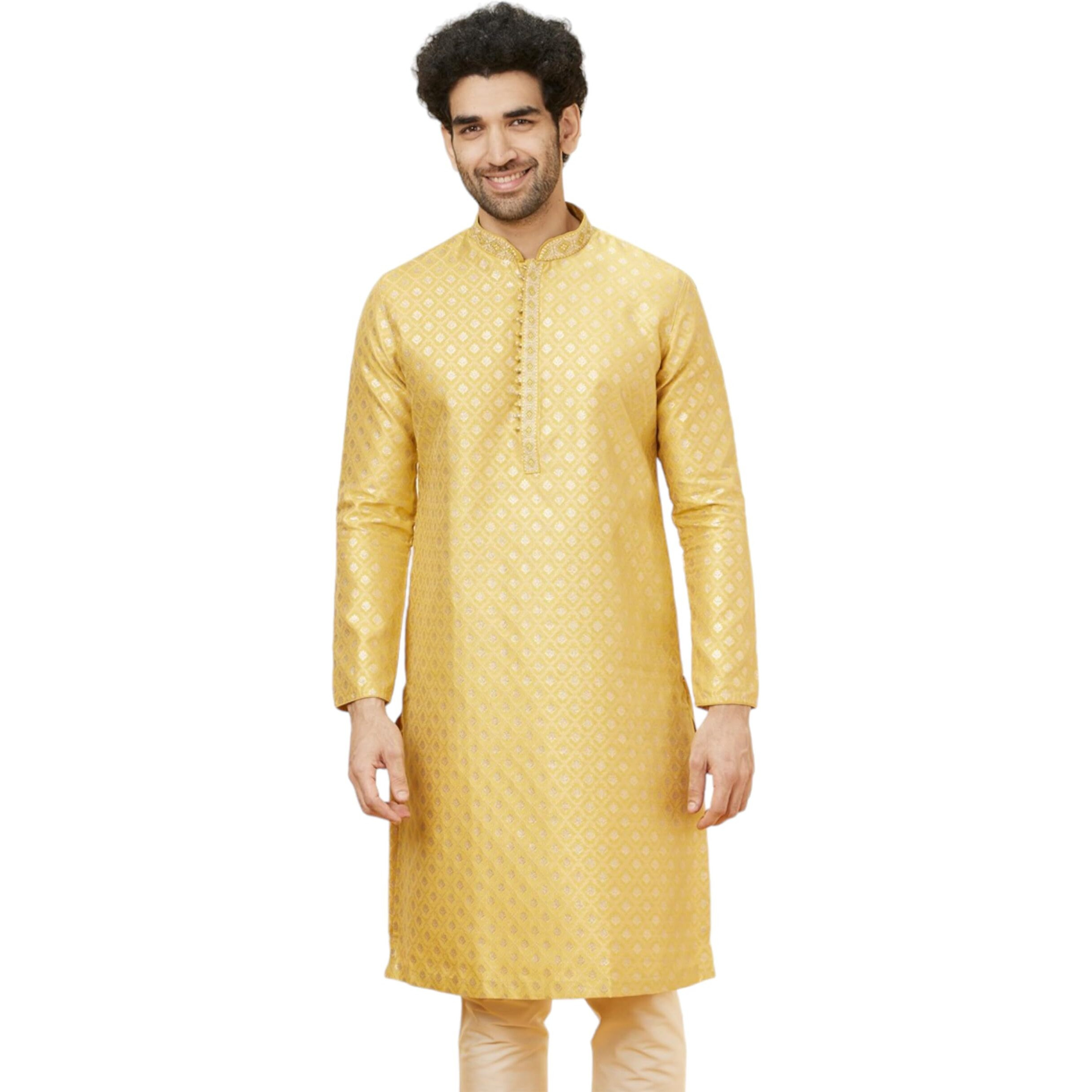 Manyavar Mens Yellow Art Silk JACQUARD Kurta Pyjama Set