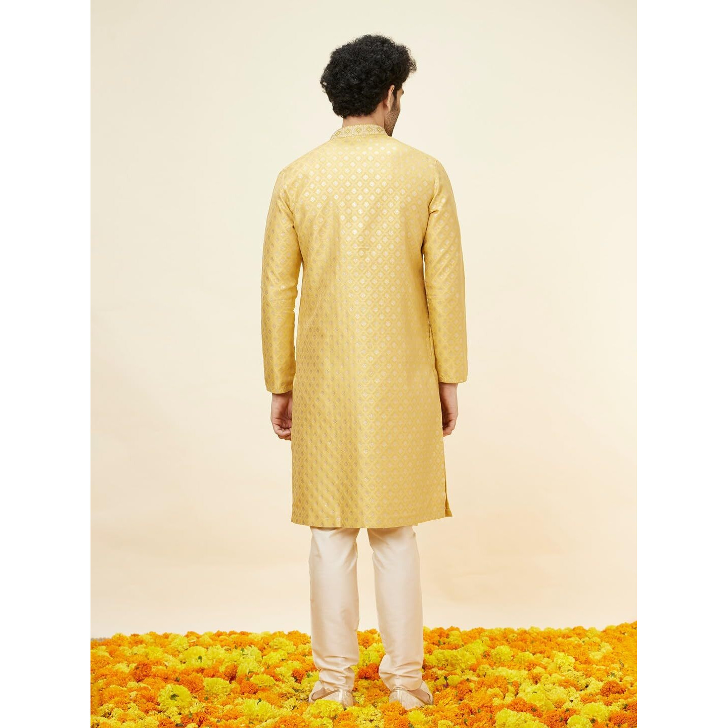 Manyavar Mens Yellow Art Silk JACQUARD Kurta Pyjama Set