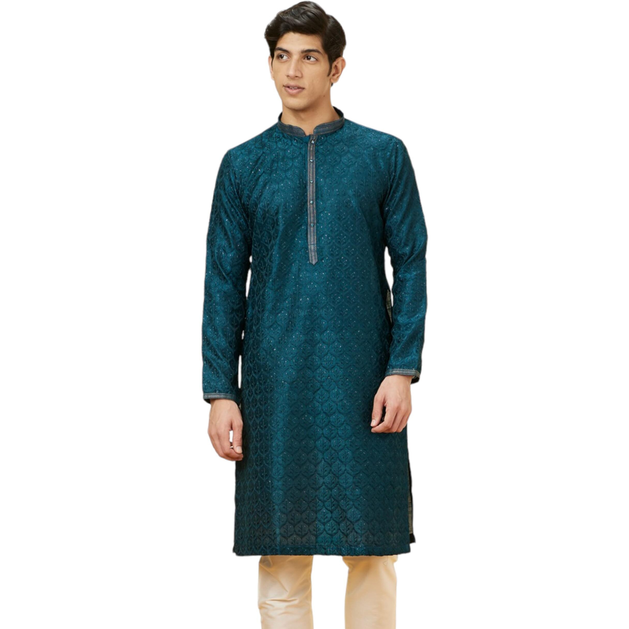 Manyavar Mens Blue Art Silk Self Design Kurta Pyjama Set