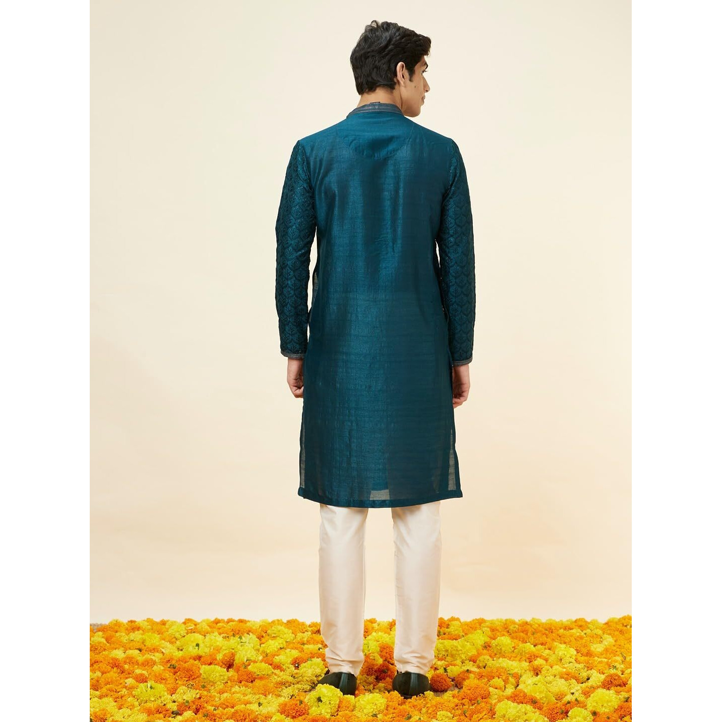 Manyavar Mens Blue Art Silk Self Design Kurta Pyjama Set