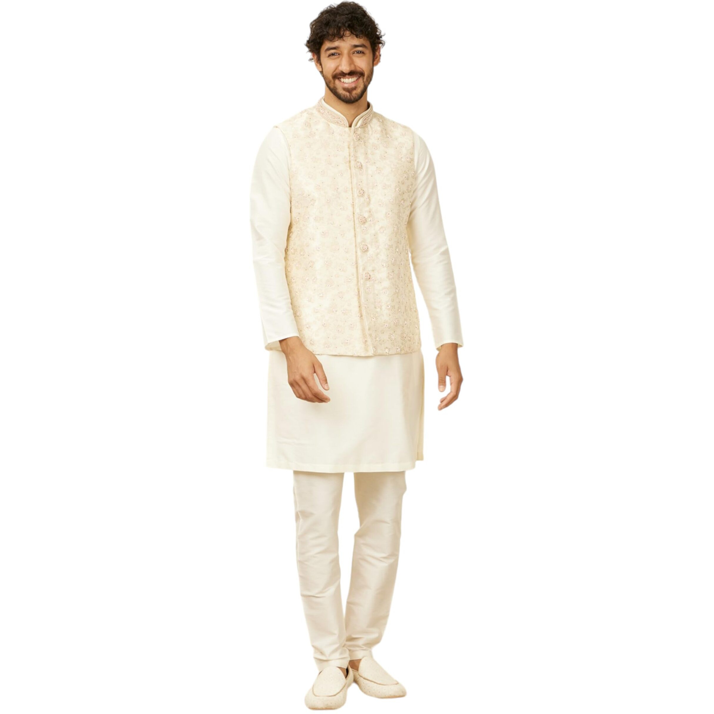 Manyavar Cream Brocade Embroidery|Stone Work Jackets for Men