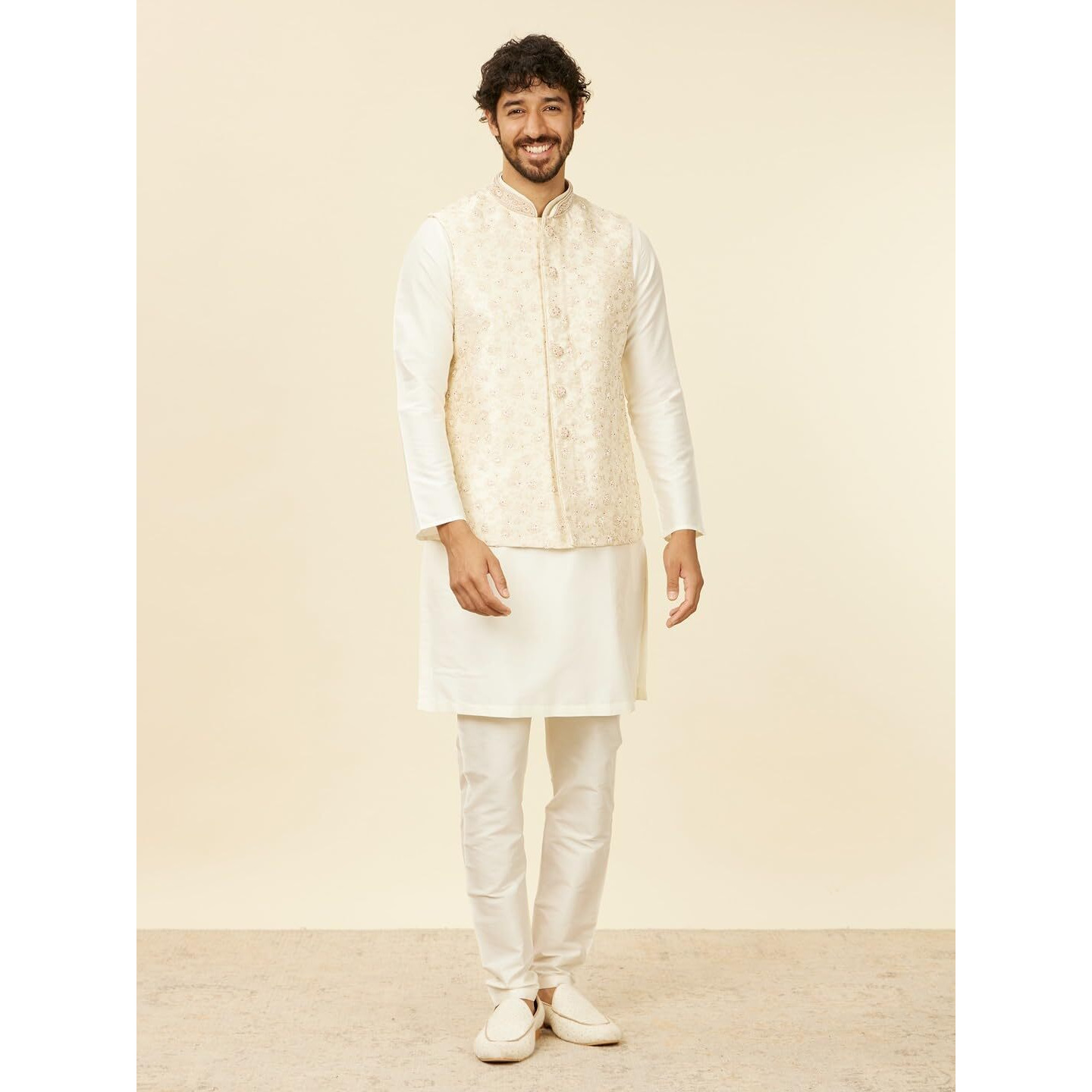 Manyavar Cream Brocade Embroidery|Stone Work Jackets for Men