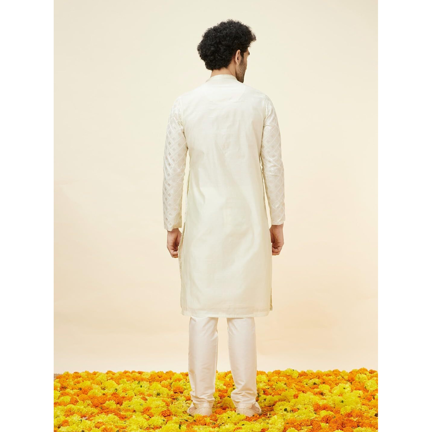 Manyavar Mens Green Chanderi Self Design Kurta Pyjama Set