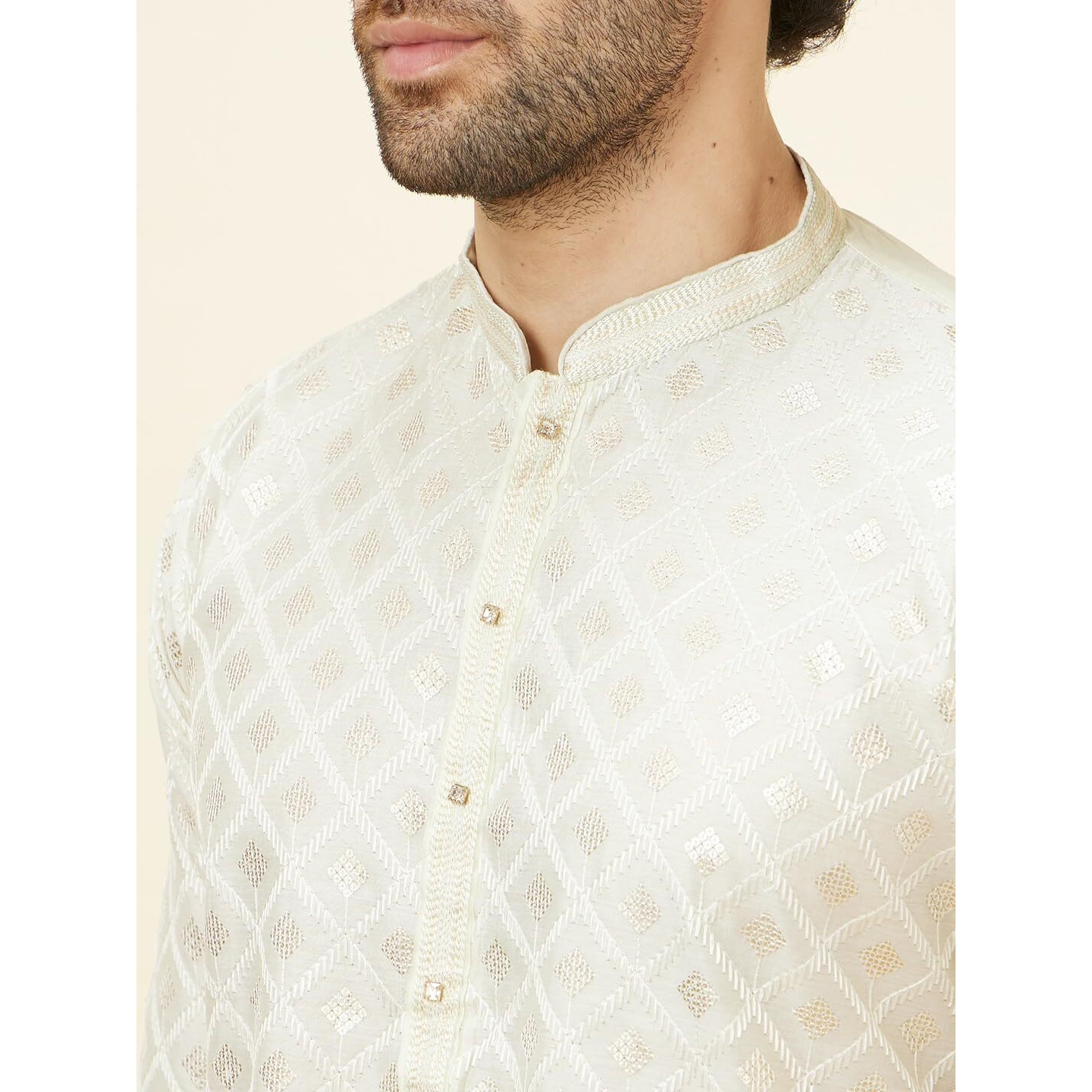 Manyavar Mens Green Chanderi Self Design Kurta Pyjama Set