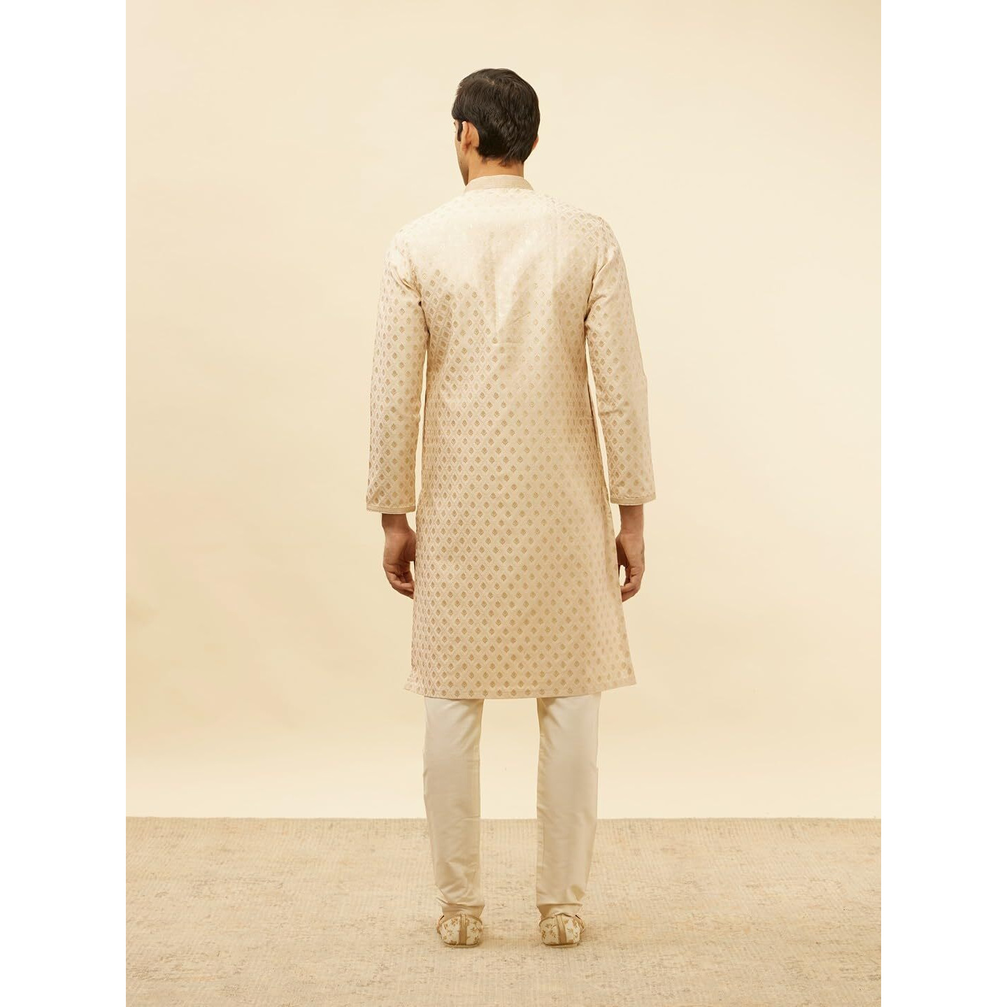 Manyavar Mens Beige Art Silk JACQUARD Kurta Pyjama Set