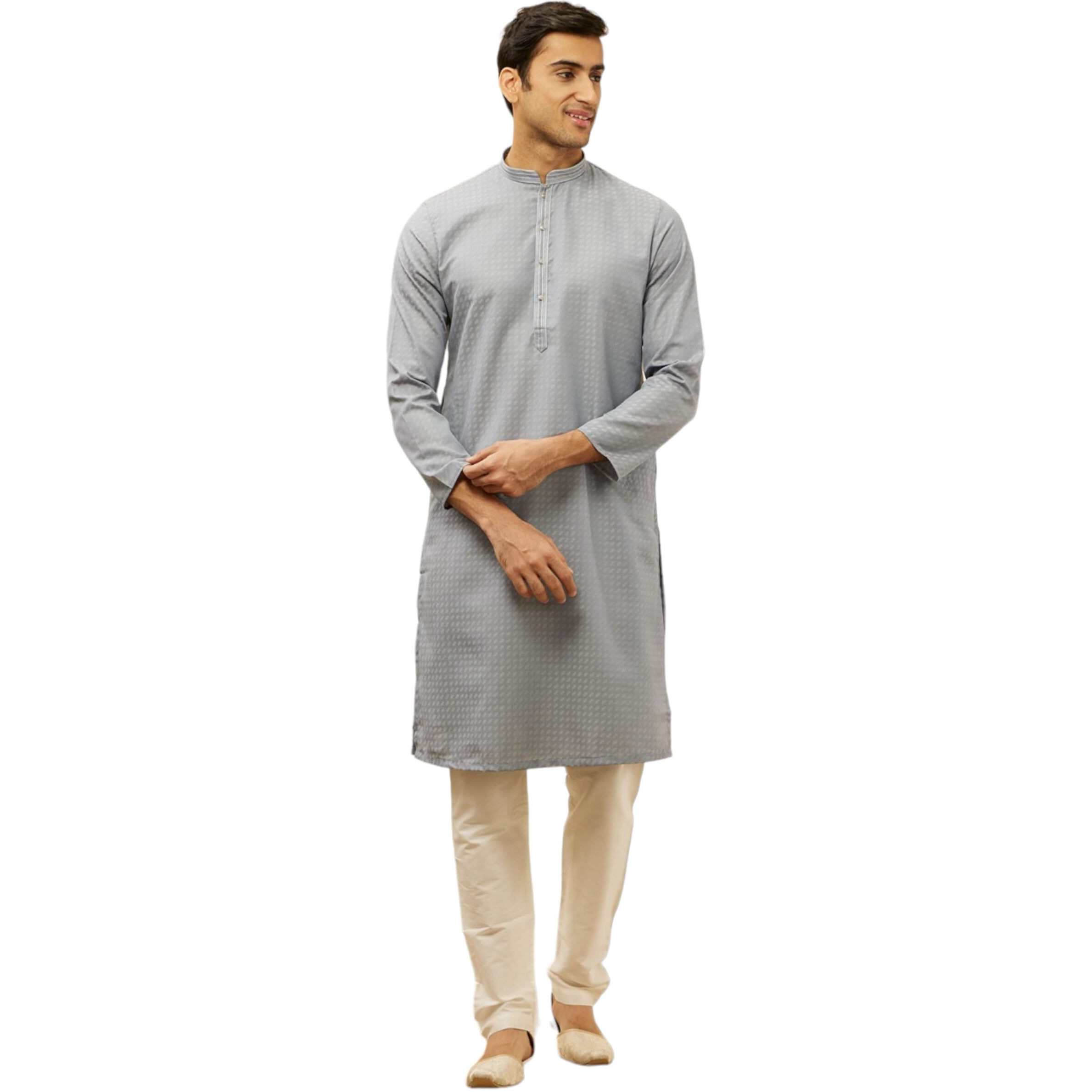 Manyavar Men's Grey Blended Cotton Solid Kurta Pyjama Set (XL)