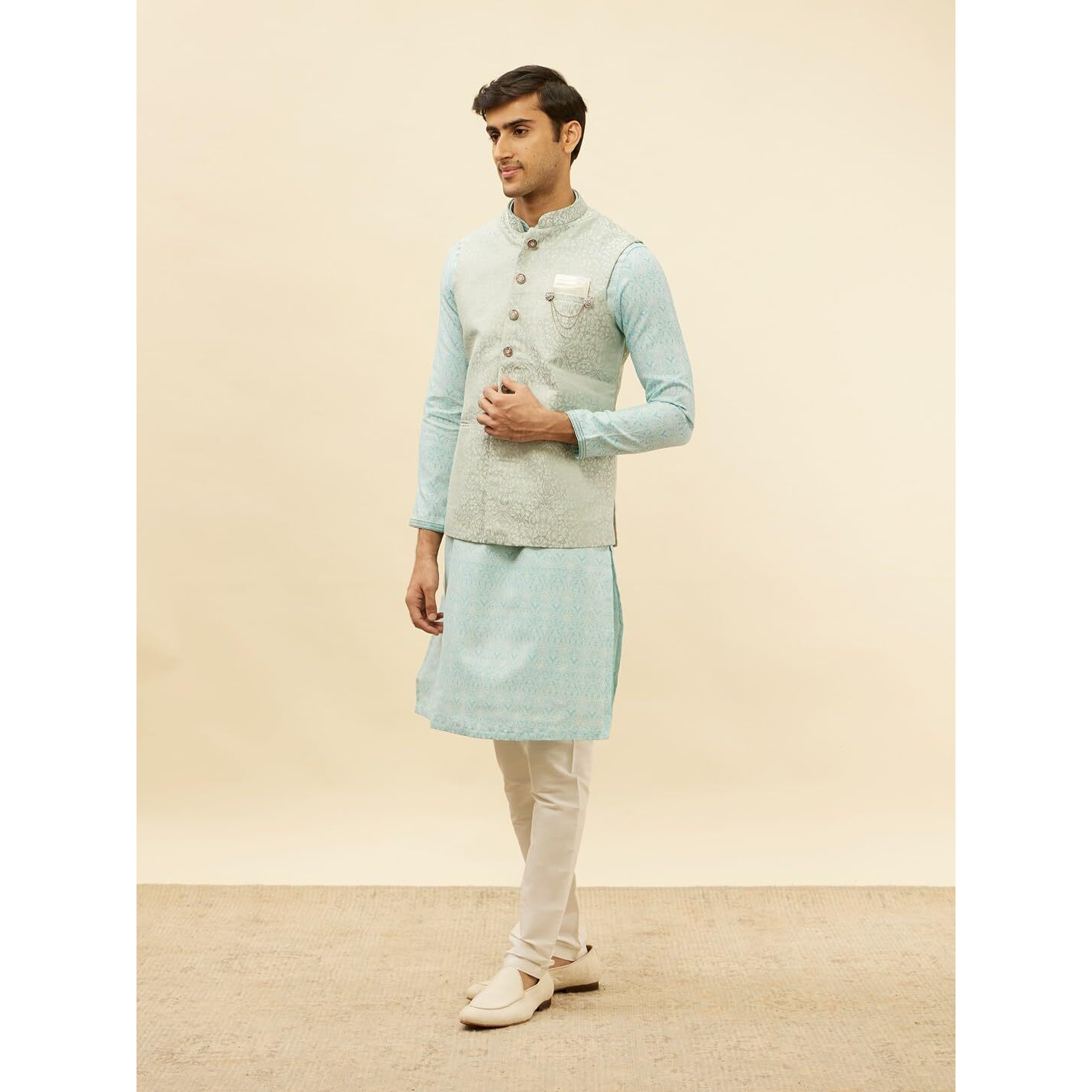 Manyavar Mens Blue Brocade JACQUARD Jacket