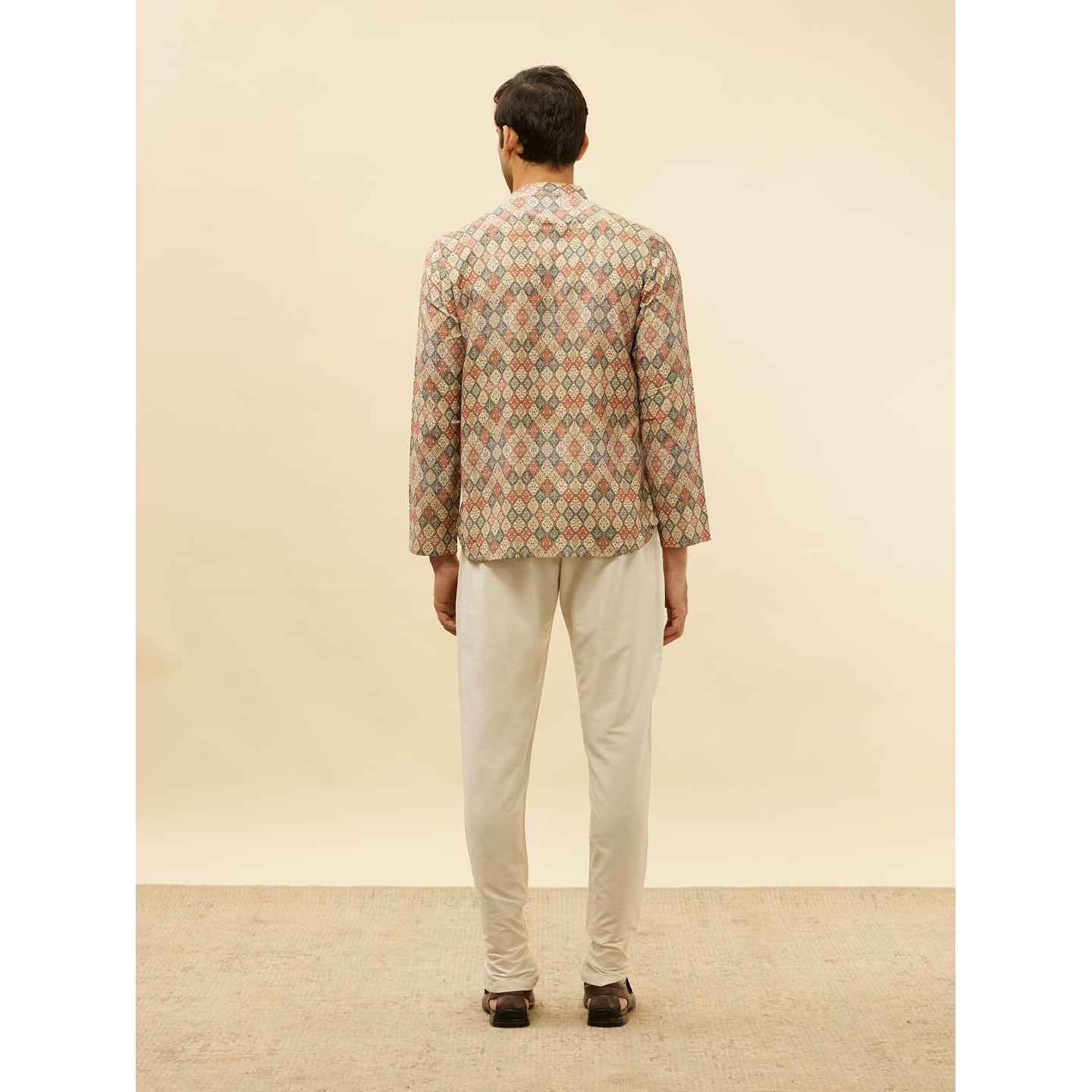 Manyavar Mens Beige Blended Viscose Printed Short Kurtas