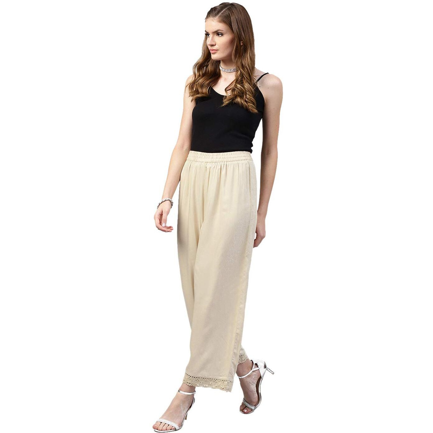 Juniper Beige Rayon Solid Wide-Leg Palazzo