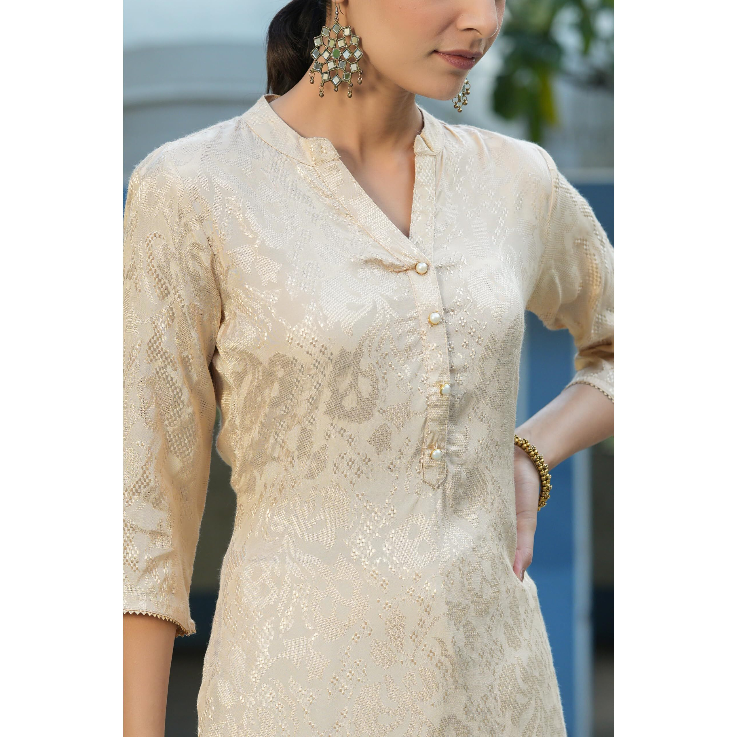 Juniper Ivory Ethnic Motif Printed Rayon Jacquard Kurta for Women