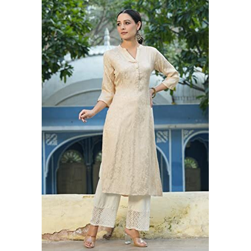 Juniper Ivory Ethnic Motif Printed Rayon Jacquard Kurta for Women