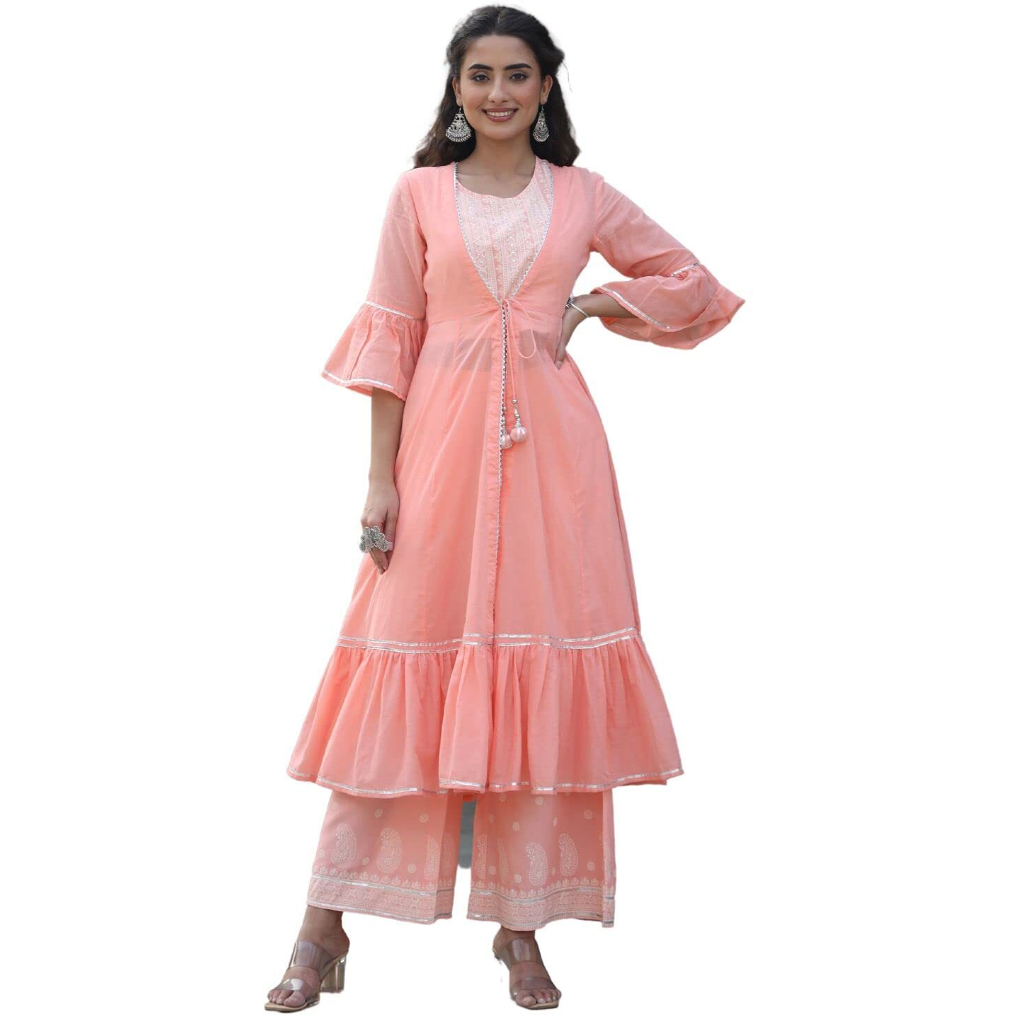 Juniper Peach Ethnic Motif Printed Rayon Crop Top Palazzo & Shrug With Beads & Sequins Work for women