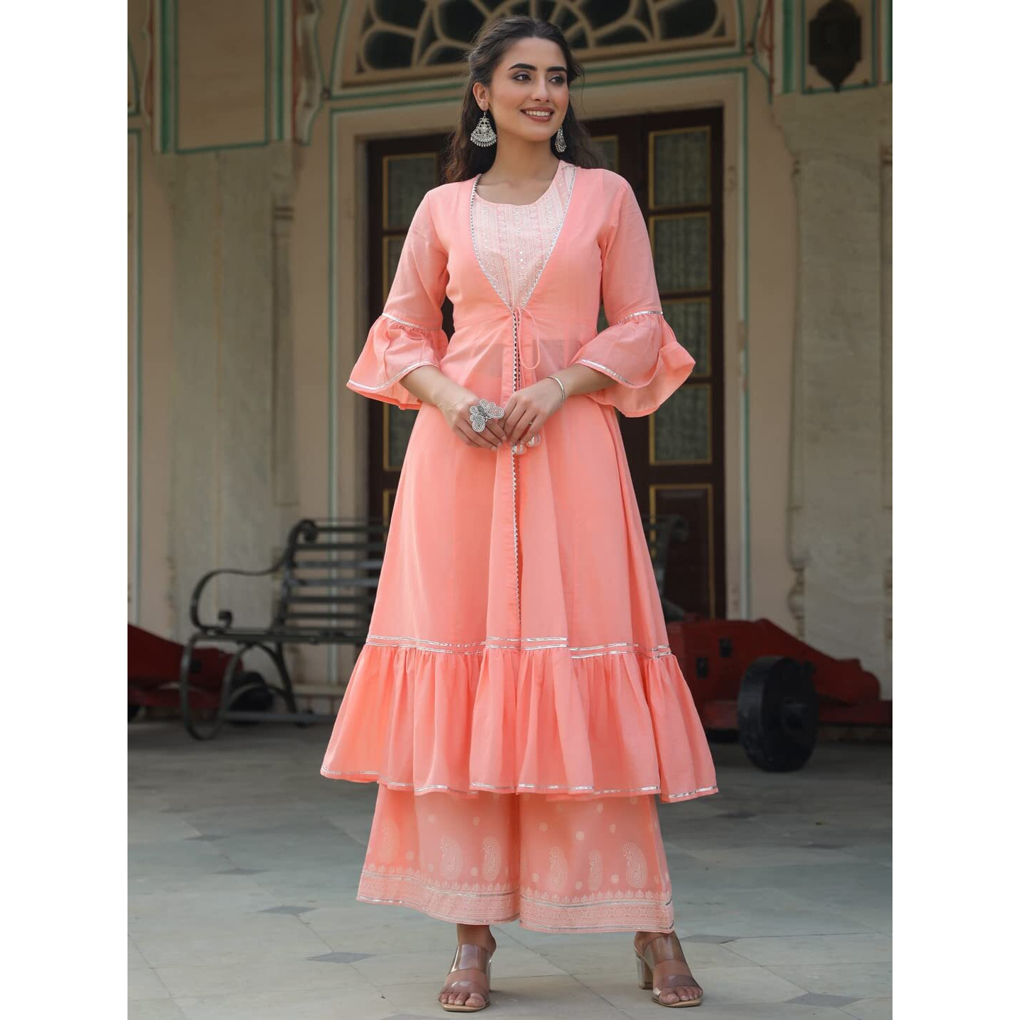 Juniper Peach Ethnic Motif Printed Rayon Crop Top Palazzo & Shrug With Beads & Sequins Work for women