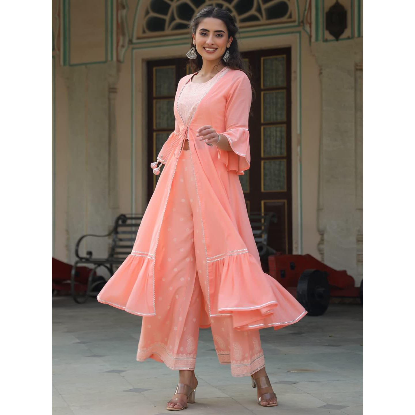 Juniper Peach Ethnic Motif Printed Rayon Crop Top Palazzo & Shrug With Beads & Sequins Work for women