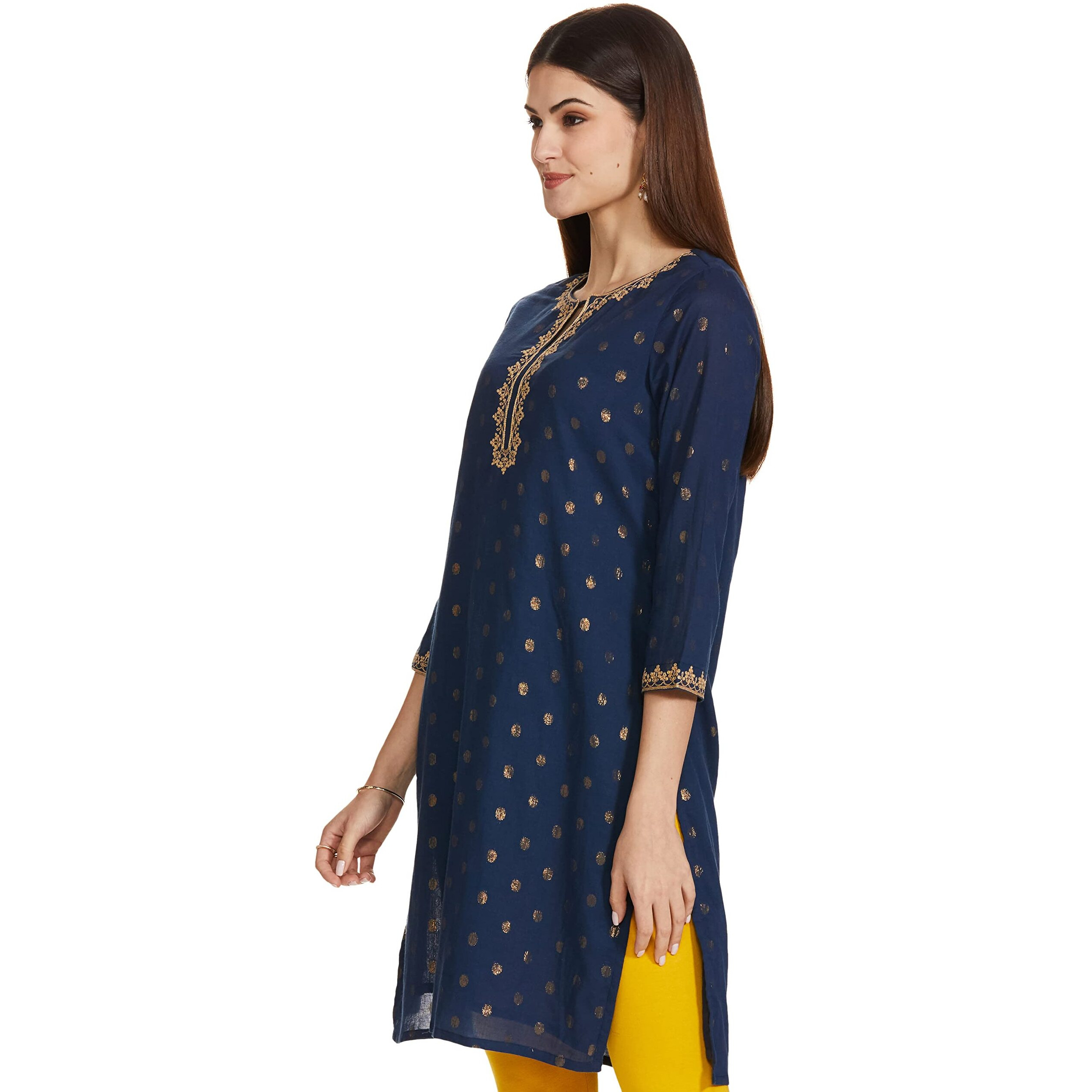 Global Desi Women's Cotton Regular Kurta (EE21GD052KULRX_Indigo_S)