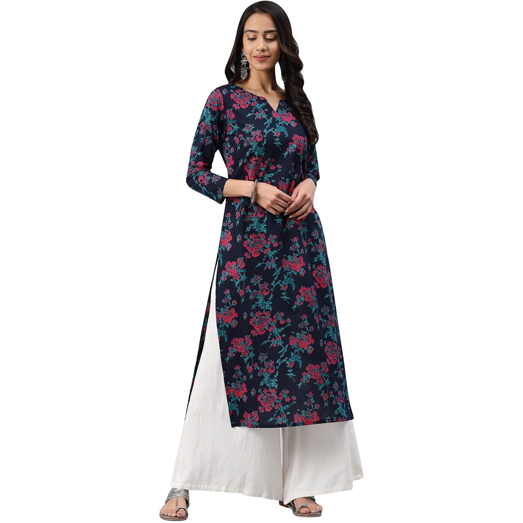 Vaamsi Women's Floral Printed A-Line Kurta (VCK1066_M_Blue)
