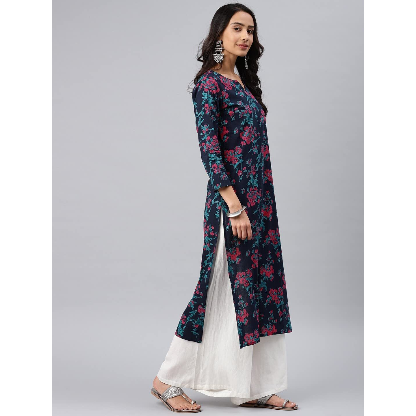 Vaamsi Women's Floral Printed A-Line Kurta (VCK1066_M_Blue)