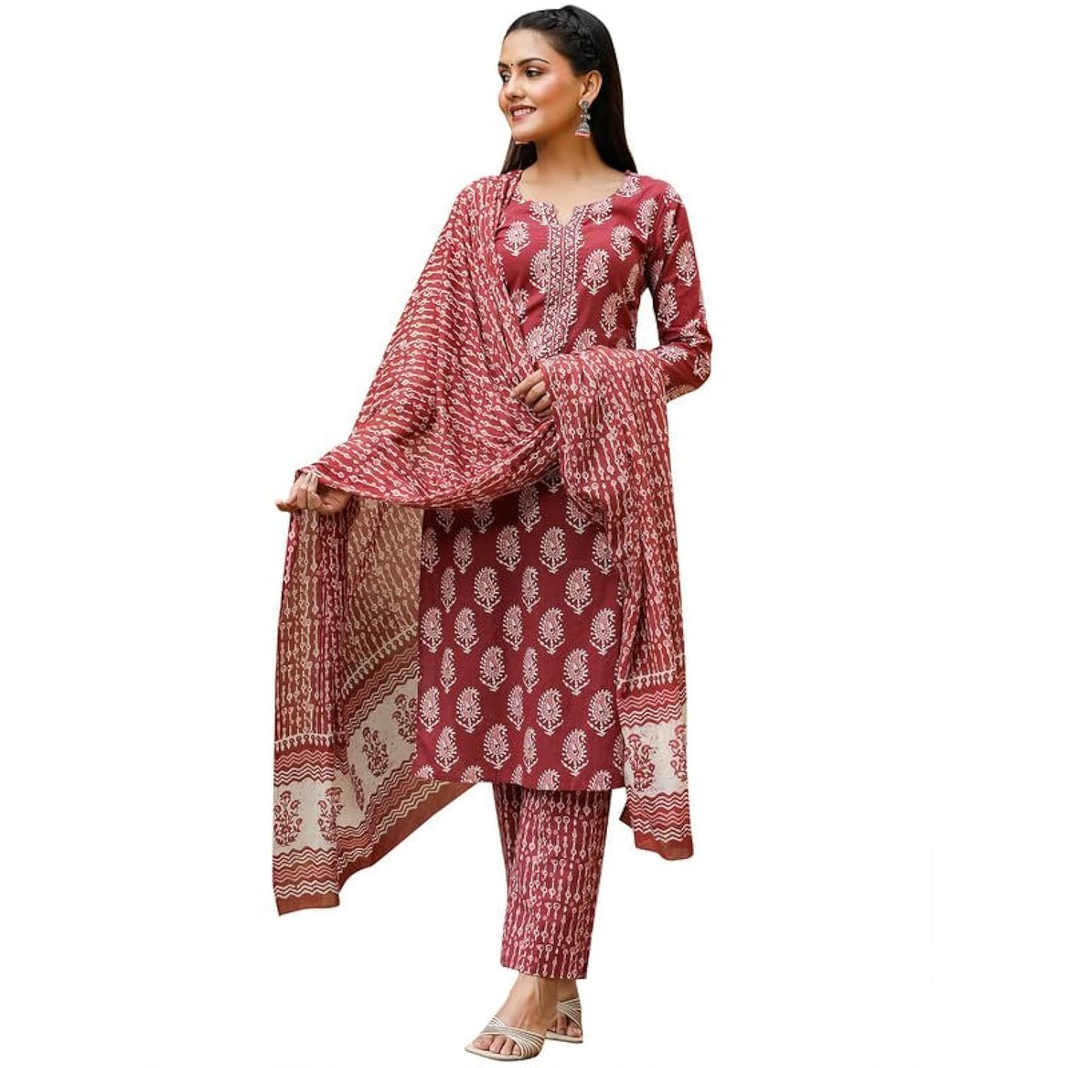 Vaamsi Women's Maroon Rayon Blend Paisley Straight Printed Kurta Pant With Dupatta Set | Office Wear Straight Kurta Set | Printed Salwar Suit For Women (VKSKD1030, M)