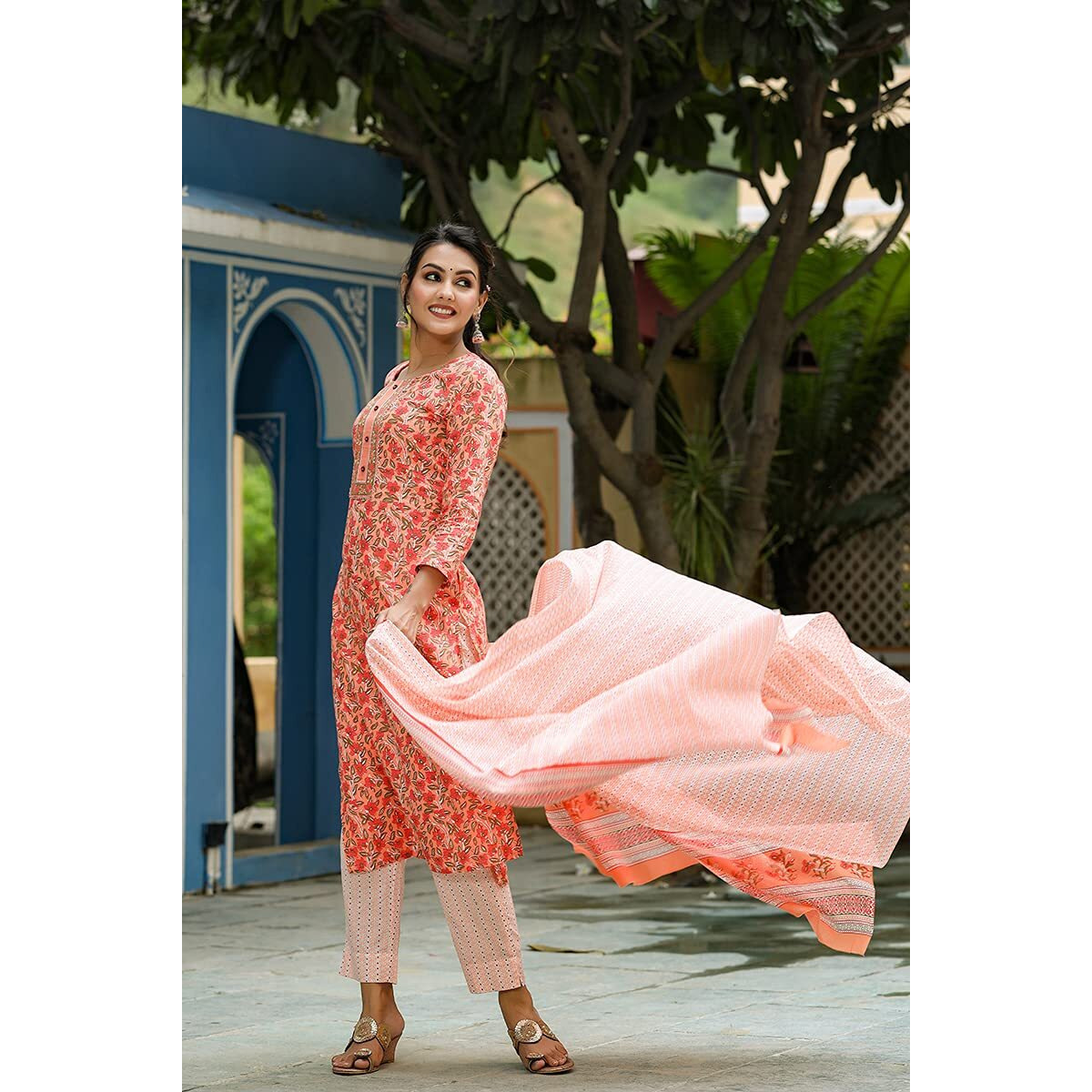 Vaamsi Women's Green Pure Cotton Printed Kurta Palazzo and Dupatta Set (VKSKD1043_XL_Green X-Large)