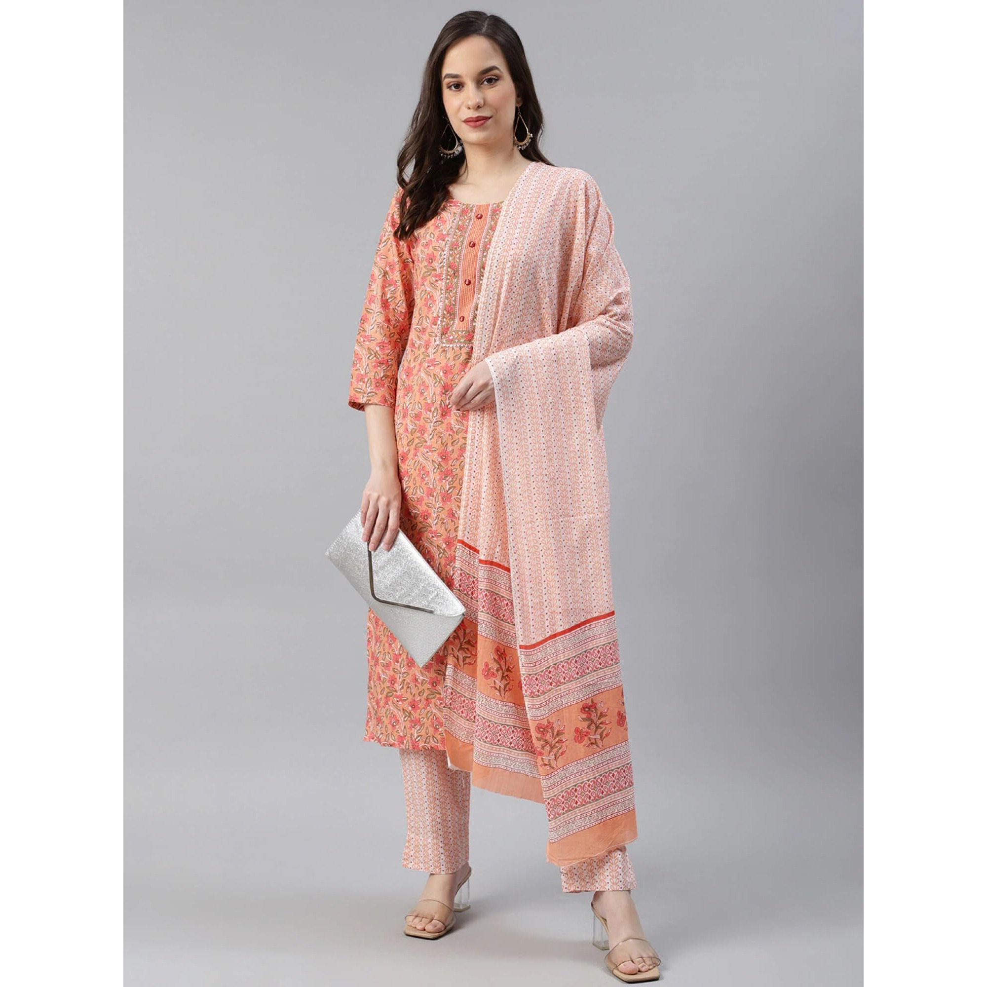 Vaamsi Women's Floral Printed Straight Kurta Pant With Dupatta Set (VKSKD1043E_Peach_L)