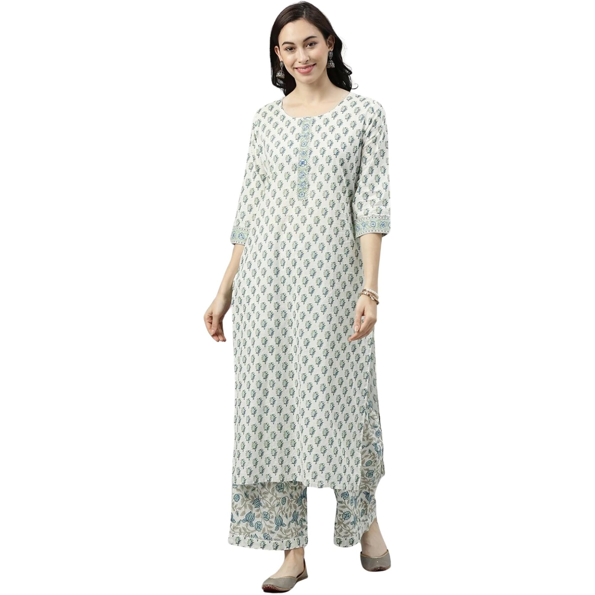 Vaamsi Women's Jaipuri Floral Printed Straight Kurta With Palazzo Set (VKSET1141_Off-White_XS)