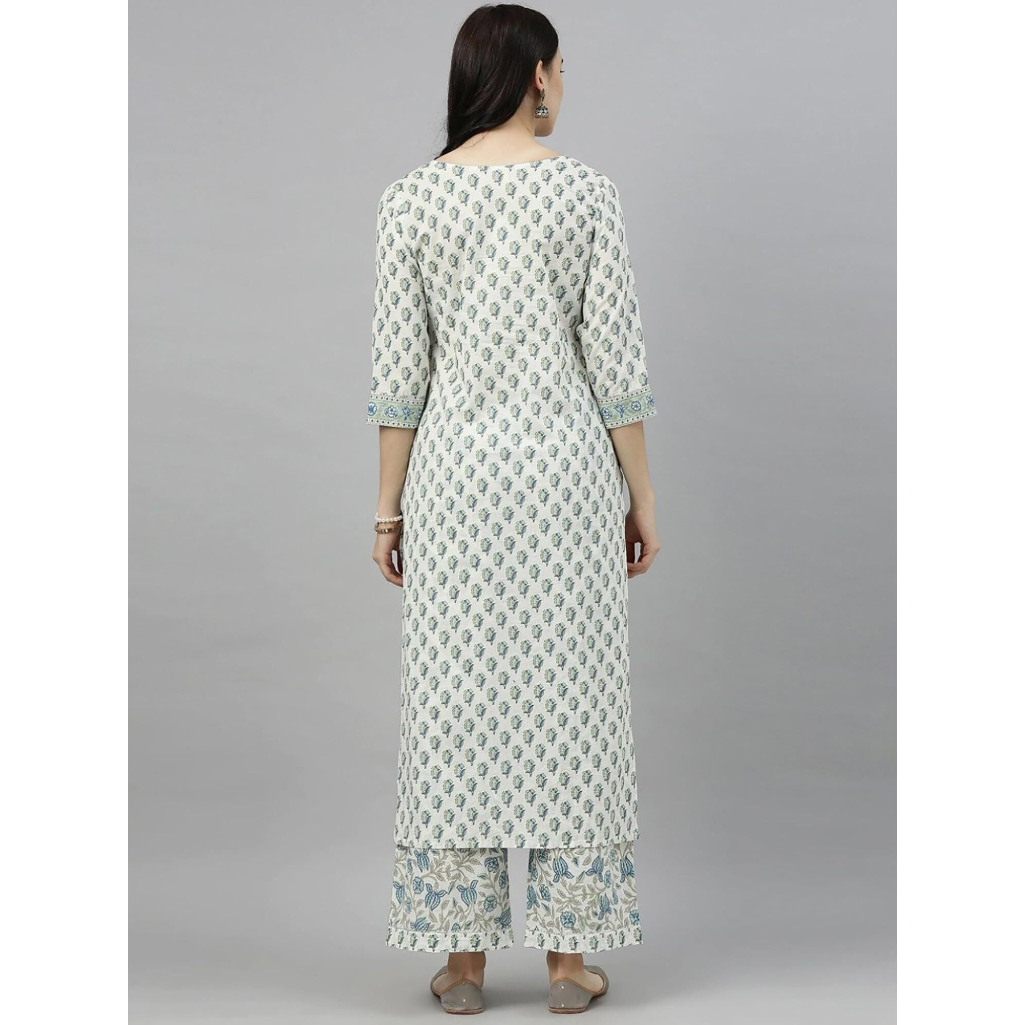 Vaamsi Women's Jaipuri Floral Printed Straight Kurta With Palazzo Set (VKSET1141_Off-White_XS)