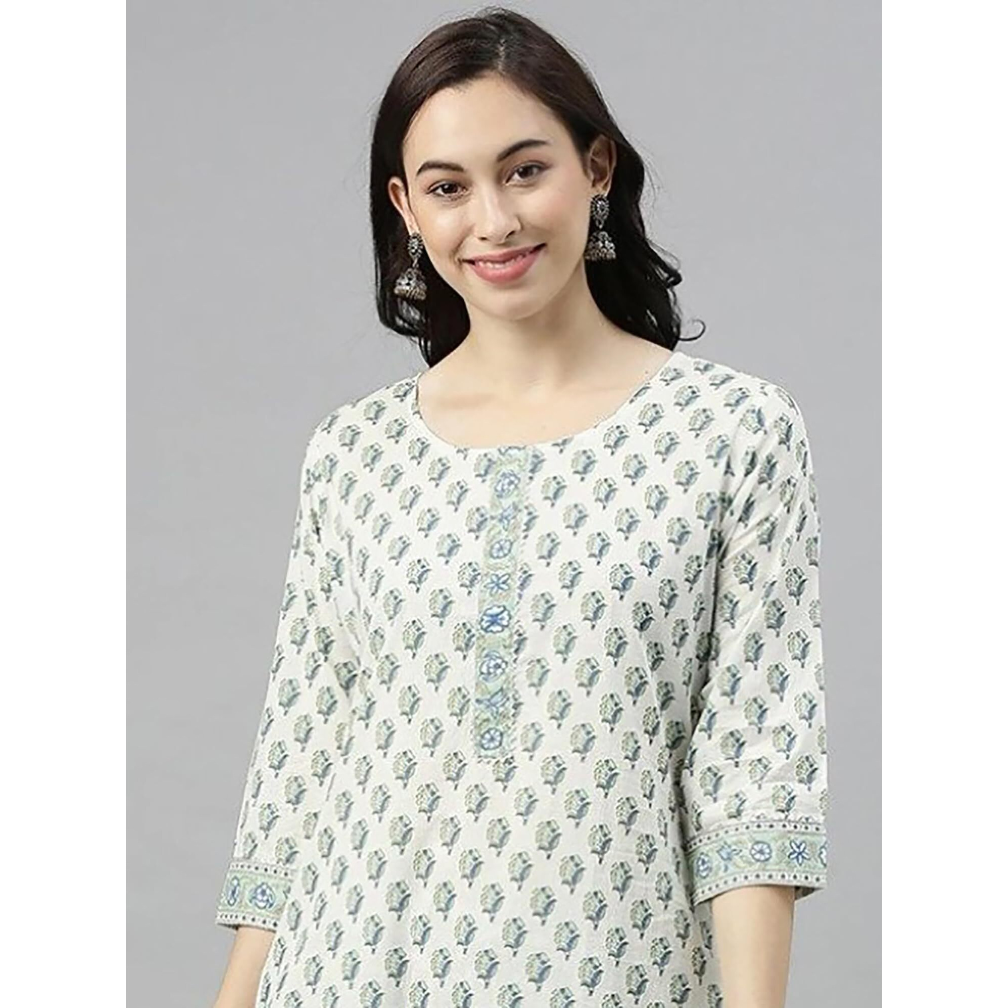 Vaamsi Women's Jaipuri Floral Printed Straight Kurta With Palazzo Set (VKSET1141_Off-White_XS)