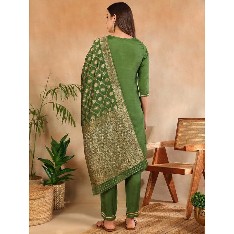 Vaamsi Women's Silk Yoke Design Solid Straight Kurta Pant With Dupatta (PKSKD1109_Green_S)