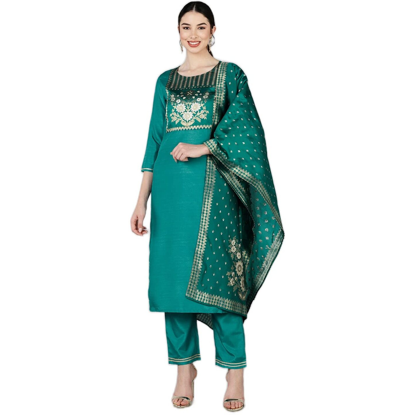 Vaamsi Women's Poly Silk Solid Yoke Design Straight Kurta Set With Dupatta (PKSKD1372_Teal_S)