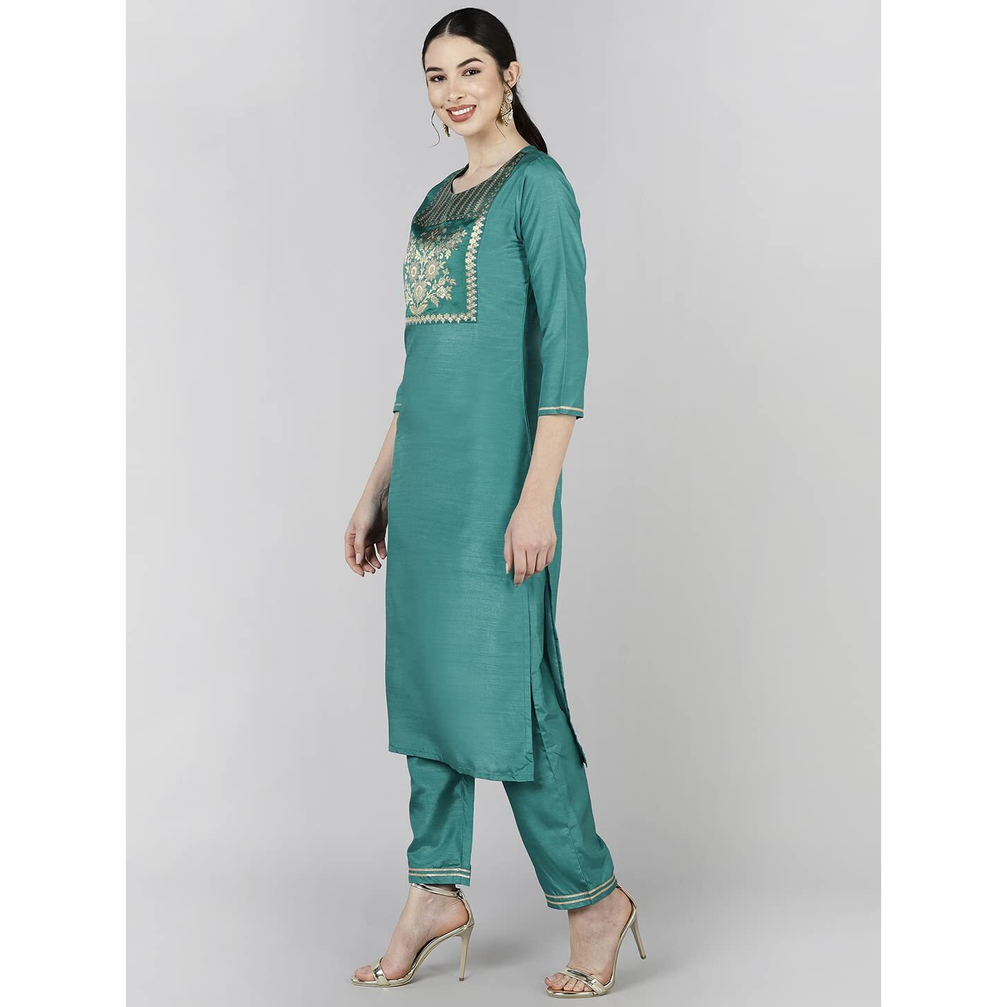 Vaamsi Women's Poly Silk Solid Yoke Design Straight Kurta Set With Dupatta (PKSKD1372_Teal_S)
