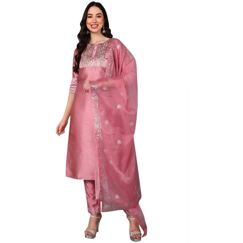 Vaamsi Women's Silk Blend Yoke Design Embroidered Straight Kurta Pant with Dupatta (PKSKD1432_Pink_4XL)
