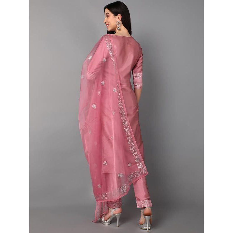 Vaamsi Women's Silk Blend Yoke Design Embroidered Straight Kurta Pant with Dupatta (PKSKD1432_Pink_4XL)