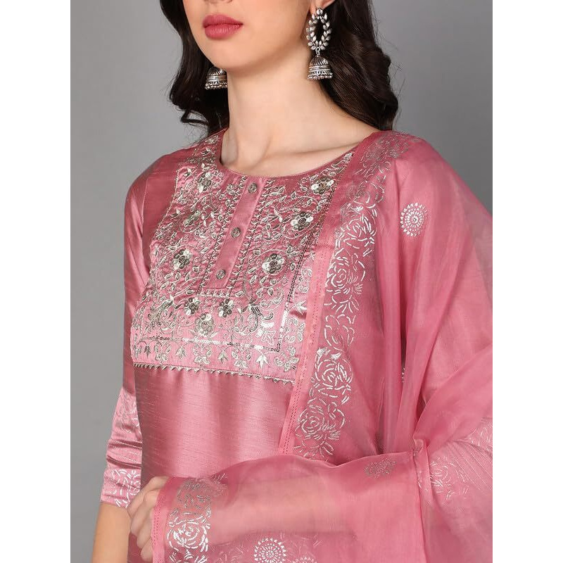 Vaamsi Women's Silk Blend Yoke Design Embroidered Straight Kurta Pant with Dupatta (PKSKD1432_Pink_4XL)