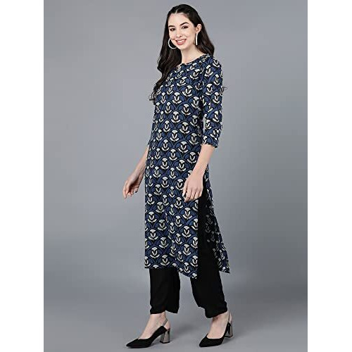 Vaamsi Women's Geometric Printed Straight Kurta (VCK8576_S_Dark Blue)