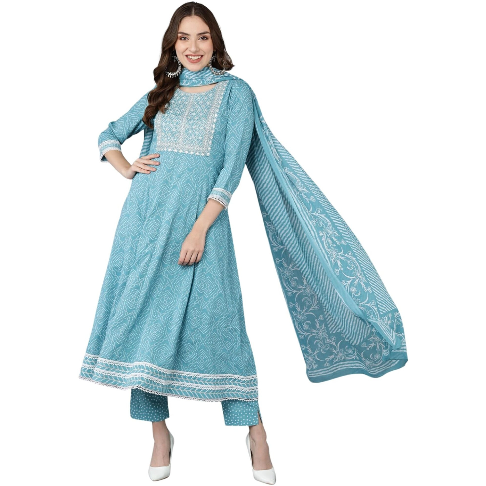 Vaamsi Women's Embroidered Bandhani Printed Kurta Pants With Dupatta (VKSKD1477_S_Blue)