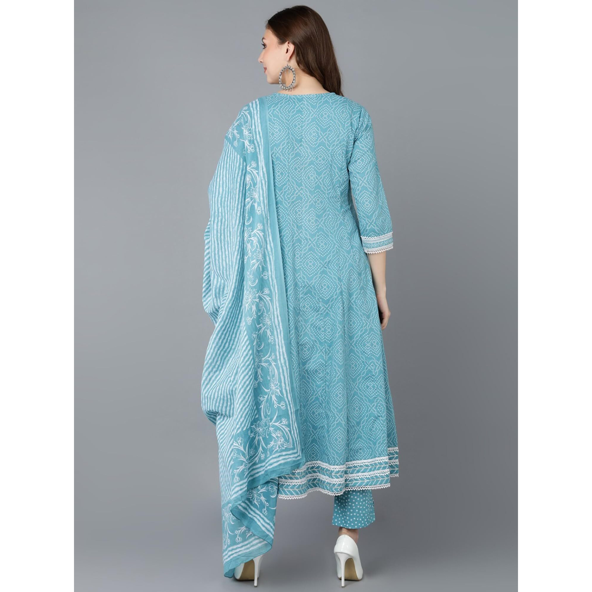 Vaamsi Women's Embroidered Bandhani Printed Kurta Pants With Dupatta (VKSKD1477_S_Blue)