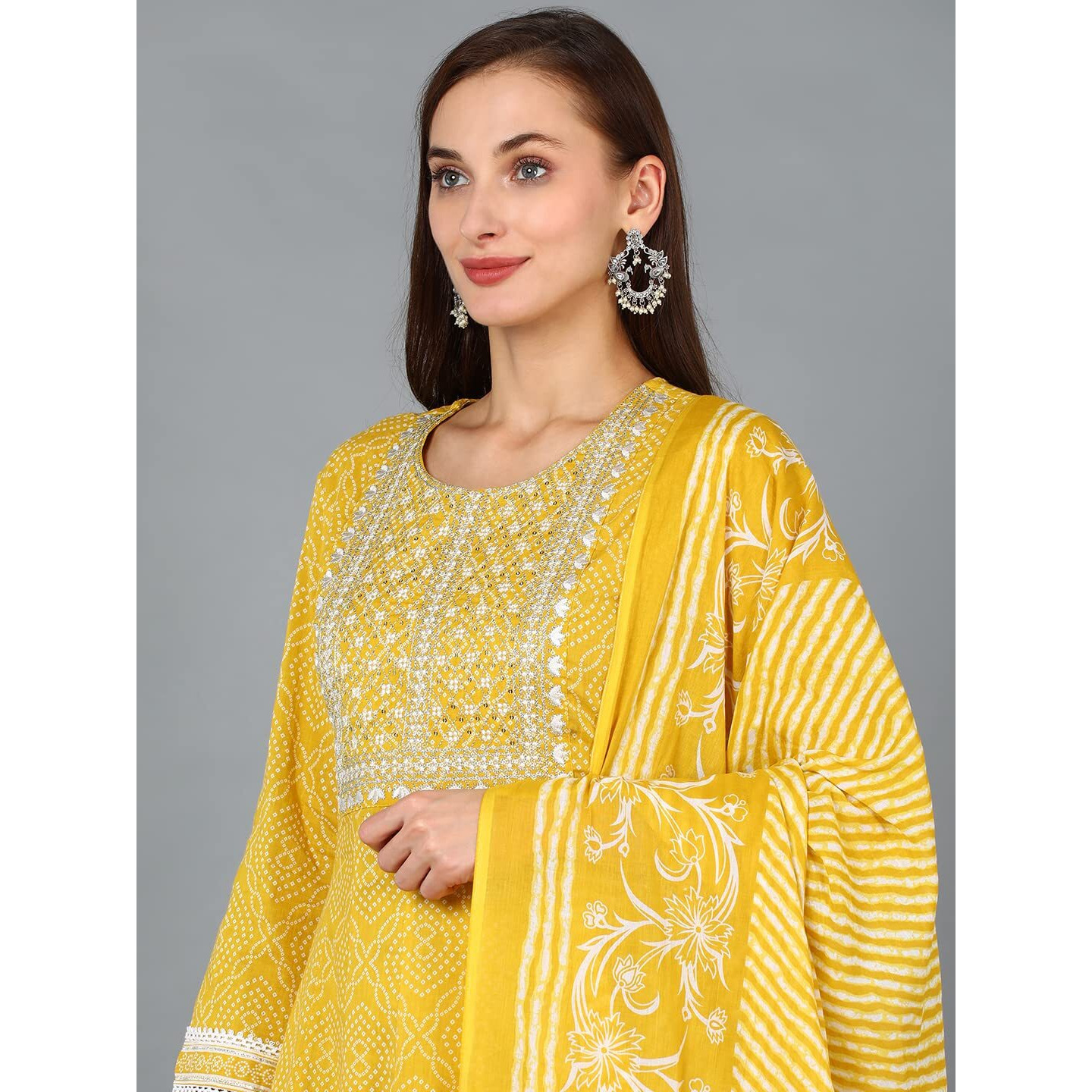 Vaamsi Women's Embroidered Bandhani Printed Kurta Pants With Dupatta (VKSKD1479_M_Yellow)