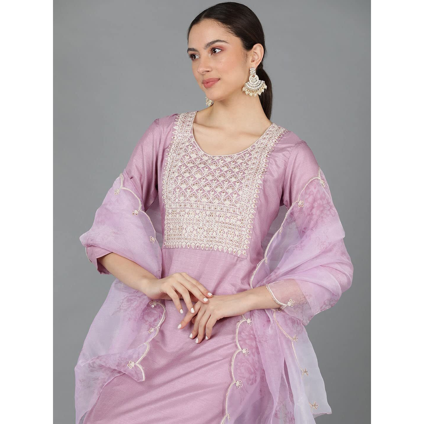Vaamsi Women's Poly Silk Ethnic Motifs Embroidered Straight Kurta Pant With Dupatta (PKSKD1508_Lavender_M)
