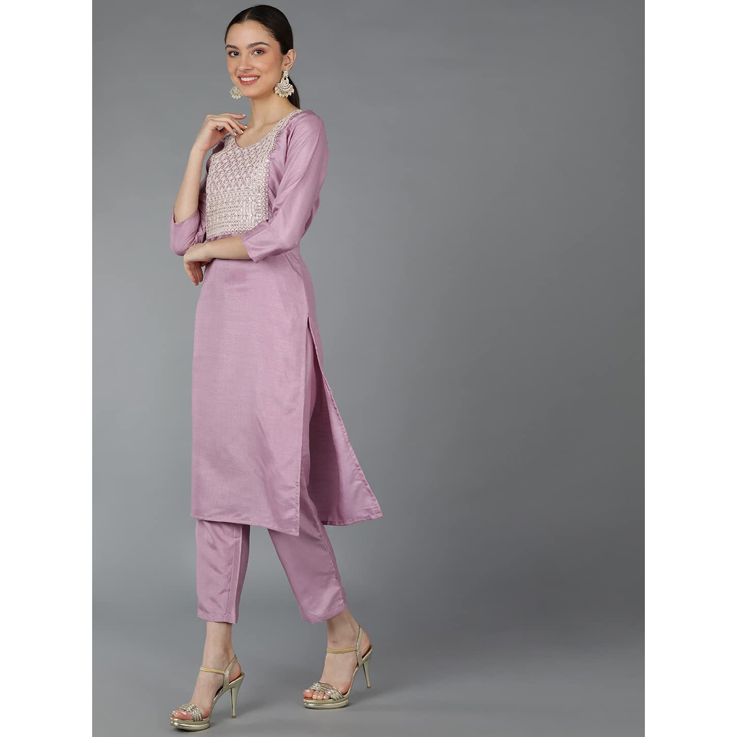 Vaamsi Women's Poly Silk Ethnic Motifs Embroidered Straight Kurta Pant With Dupatta (PKSKD1508_Lavender_M)