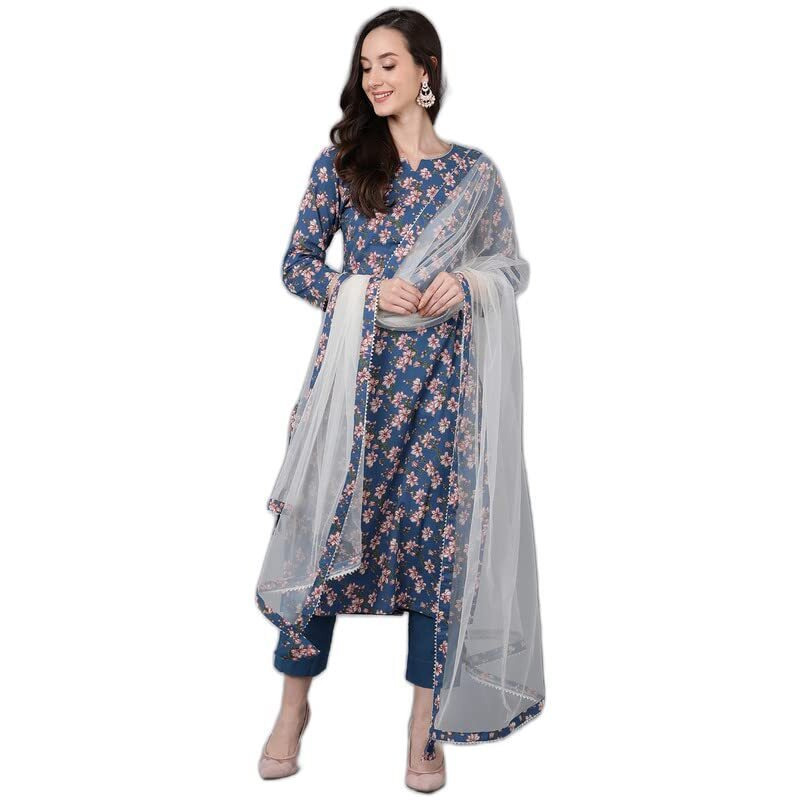 Vaamsi Women's Floral Printed Kurta Trousers With Dupatta (VKSKD1601_XL_Blue)