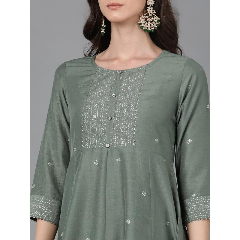 Vaamsi Women's Silk Printed Flared Kurta Pant With Dupatta (PKSKD1576_Light Green_XS)