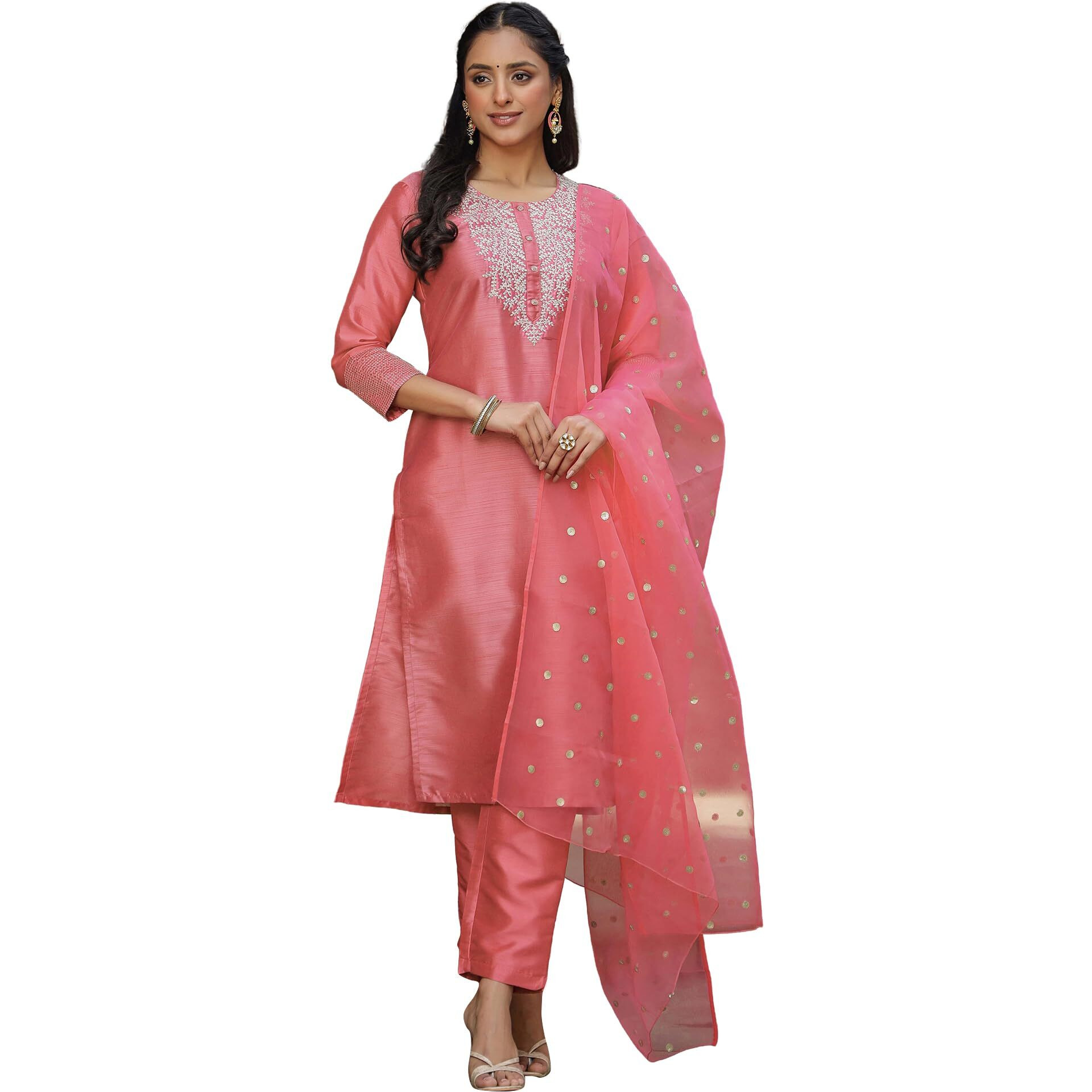 Vaamsi Women's Silk Embroidered Straight Kurta Pant With Dupatta (PKSKD1586_Pink_XS)