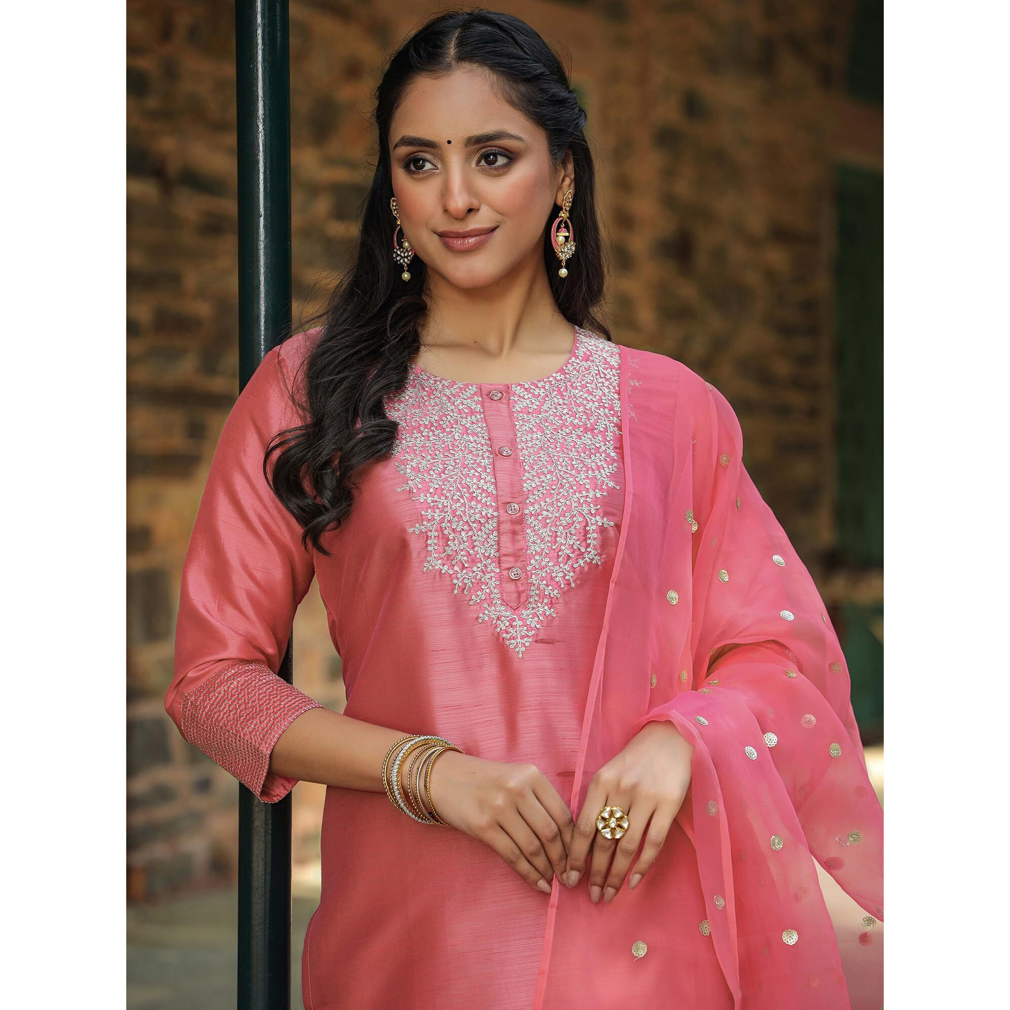 Vaamsi Women's Silk Embroidered Straight Kurta Pant With Dupatta (PKSKD1586_Pink_XS)
